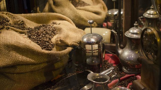 Fair trade coffee beans in woven bag