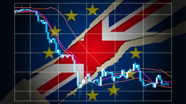 Brexit mix of Union Jack and EU flag showing chart of weakened pound.