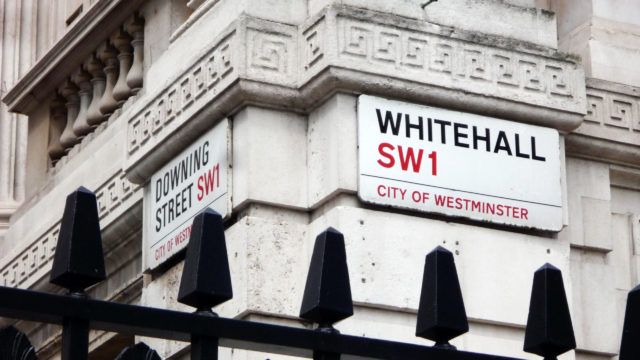 Downing Street and Whitehall in London, UK. The official residence and the office of the British Prime Minister.