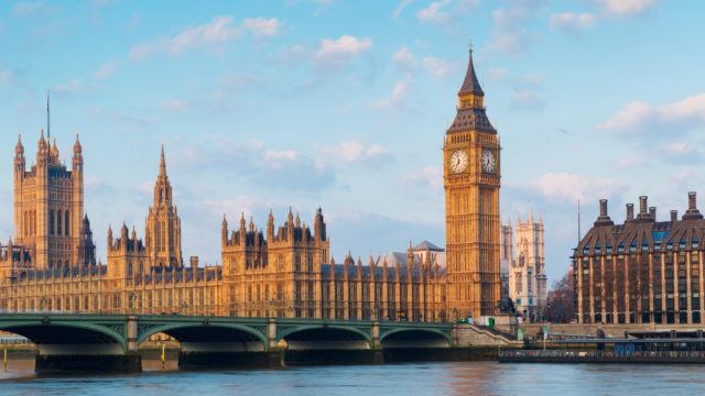 Elizabeth Tower, Big Ben and Westminster Bridge in early morning light, London, England, UK