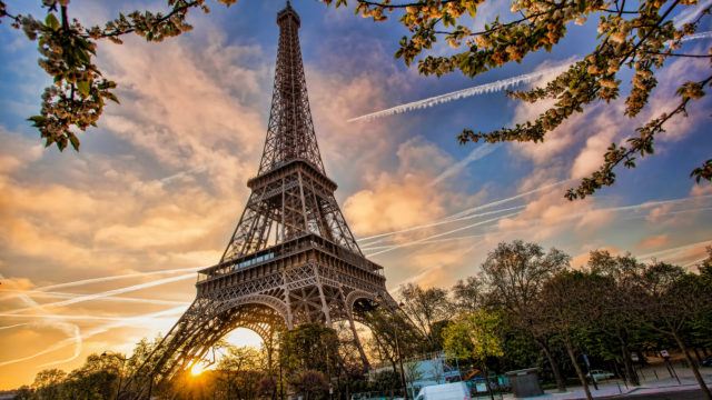 Eiffel Tower against sunrise in Paris, France