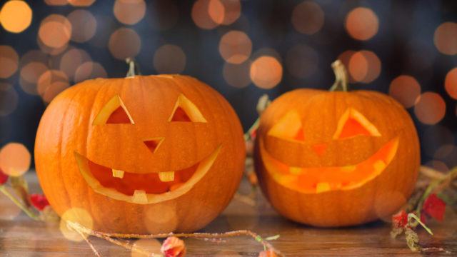 Close up of carved halloween pumpkins on table