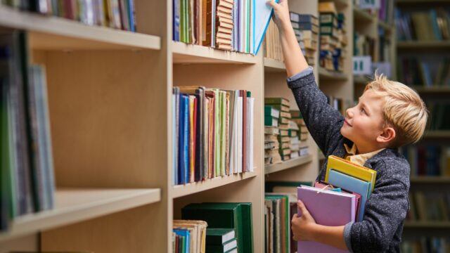 Young boy takes books from a shelf in a library
